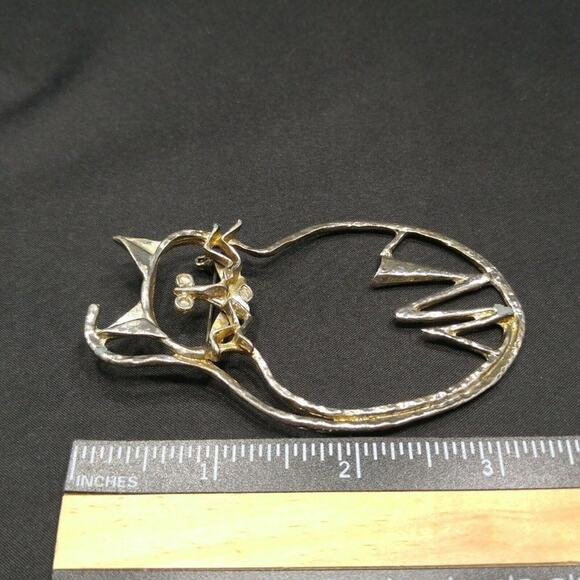 Vintage Original Cat Outline Brooch, 3 1/2 Inches, Distressed Plated Pin - Picture 7 of 10
